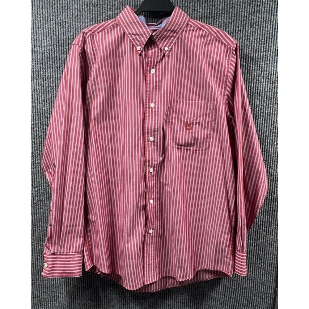 VTG Chaps Shirt Mens Medium Red Striped Easy Care Long Sleeve Button Down Casual